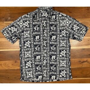 Royal Creations Mens Hawaiian Shirt Navy Blue White Fish Sailboat Floral Medium